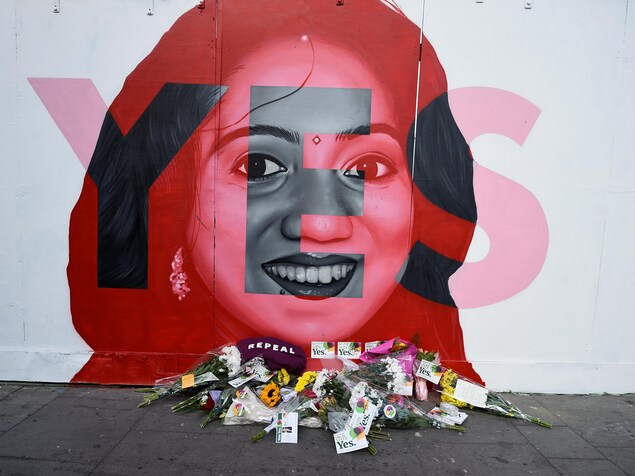 Des fleurs ont été déposées au pied de la murale représentant Savita Halappanavar, qui est morte après que des médecins eurent refusé de l'avorter alors qu'elle faisait une fausse couche, en 2012. Des fleurs ont été déposées au pied de la murale représentant Savita Halappanavar, qui est morte après que des médecins eurent refusé de l'avorter alors qu'elle faisait une fausse couche, en 2012.