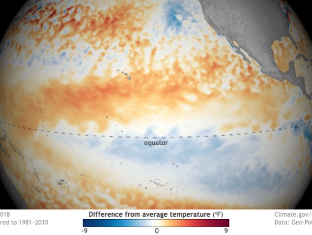 Une photo satellite montre la température des océans en rouge ou en bleu selon la normale habituellement observée. Une photo satellite montre la température des océans en rouge ou en bleu selon la normale habituellement observée.
