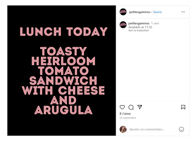 Une capture d'écran en anglais tirée du compte Instagram du café Petites gamines à Gatineau.