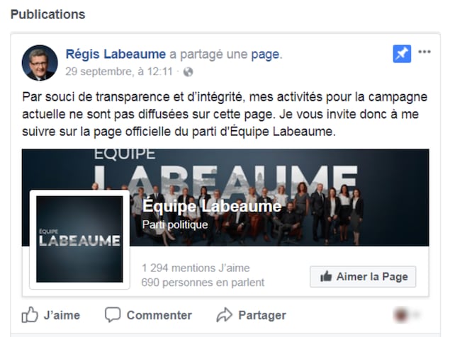 Page Facebook officielle de Régis Labeaume Page Facebook officielle de Régis Labeaume