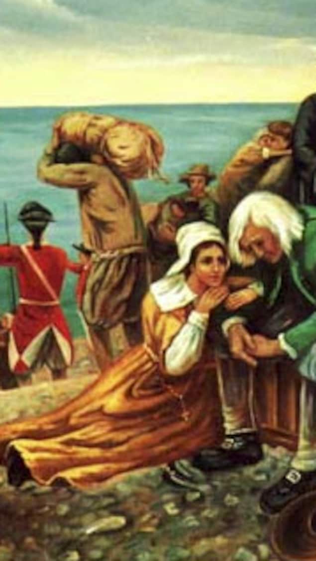 Scène de la Déportation des Acadiens en 1755.