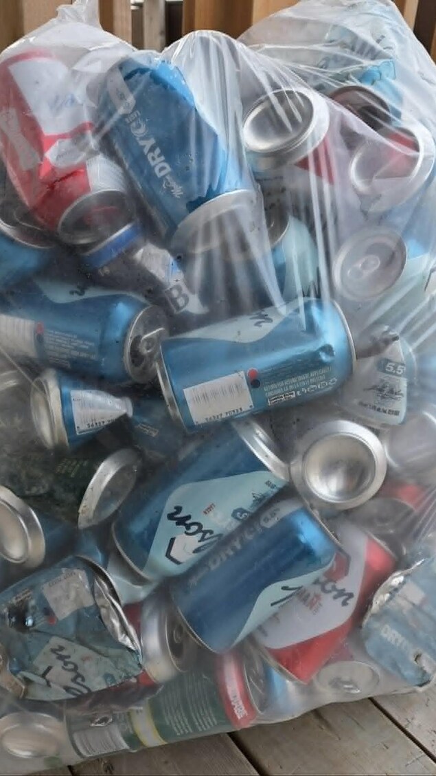 Un sac transparent rempli de canettes de bière vides.