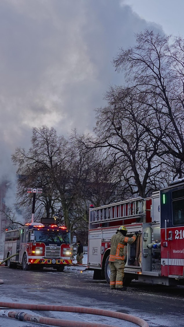 Des camions de pompier dans une rue.