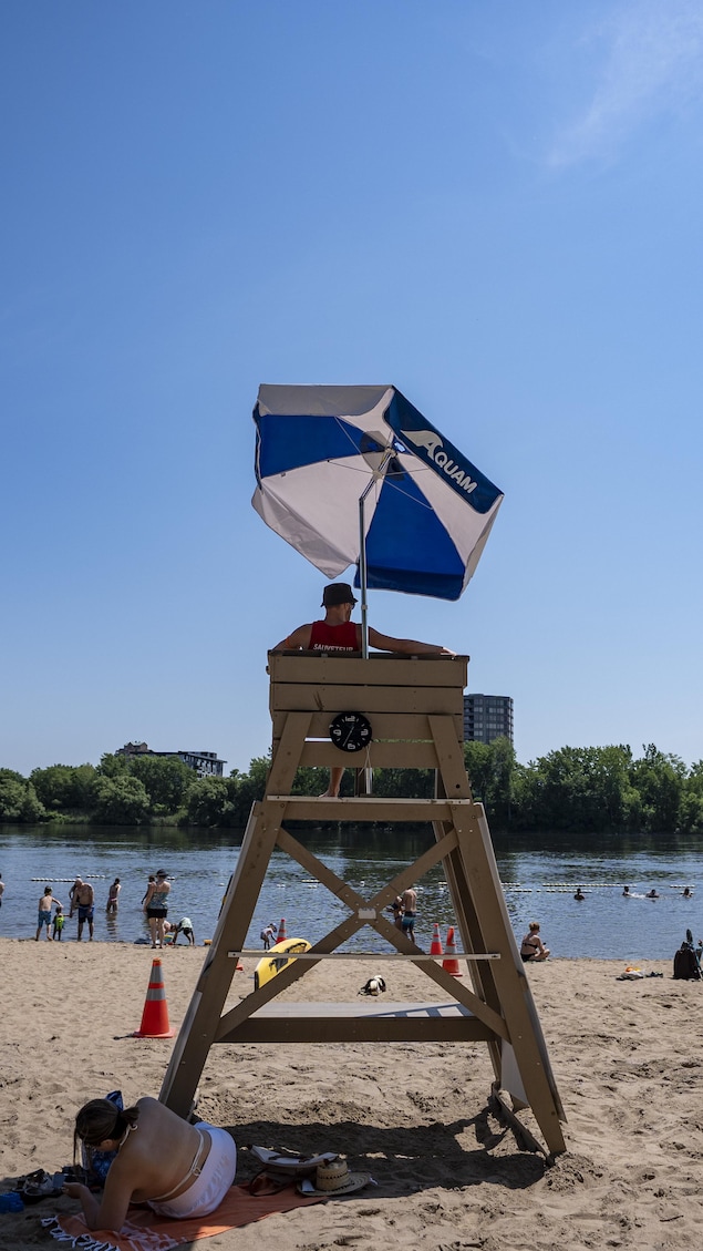 Un sauveteur surveille depuis une chaise élevée. 