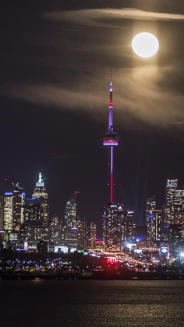 Vue de la tour CN et des gratte-ciels de Toronto le soir