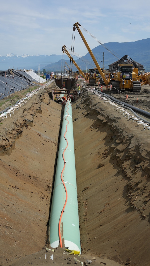 Des ouvriers posent des tuyaux lors de la construction du prolongement du pipeline Trans Mountain sur des terres agricoles, à Abbotsford, en Colombie-Britannique, le mercredi 3 mai 2023. L'entreprise chargée de la construction du prolongement du pipeline Trans Mountain a été citée pour non-conformité environnementale en raison de sa gestion des récentes inondations en Colombie-Britannique. 