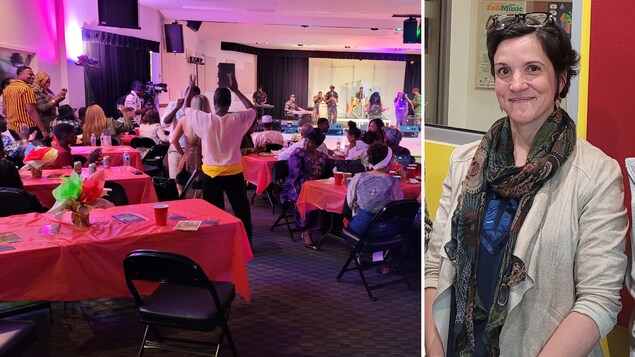 Des participants à une soirée Pangéa dédié au Congo à gauche. Sur la photo de droite, la directrice de FrancoMusik Alberta Pénélope Gaultier pose pour la caméra.