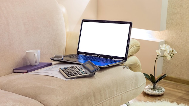 Un ordinateur de travail, une calculatrice, un téléphone cellulaire et une tasse posée sur un sofa. 