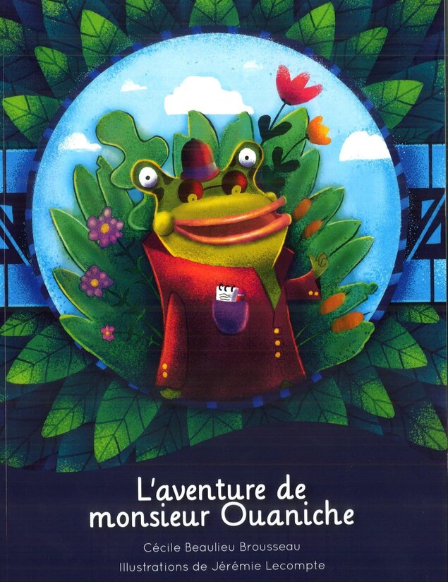 Page couverture du livre « L'aventure de monseur Ouaniche » où l'on voit l'illustration d'un crapaud qui porte un manteau. Il est au centre de ce qui ressemble à une plante. Page couverture du livre « L'aventure de monseur Ouaniche » où l'on voit l'illustration d'un crapaud qui porte un manteau. Il est au centre de ce qui ressemble à une plante.