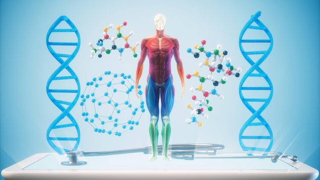 illustration stylisée montrant un corps humain et diverses molécules flanqués de deux molécules d’ADN, le tout semblant sortir d’une tablette informatique sur laquelle est posé un stéthoscope