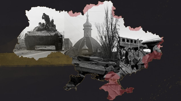 Des images de chars d’assaut, de bâtiments détruits et de personnes qui fuient à l’intérieur d’une carte de l’Ukraine.

