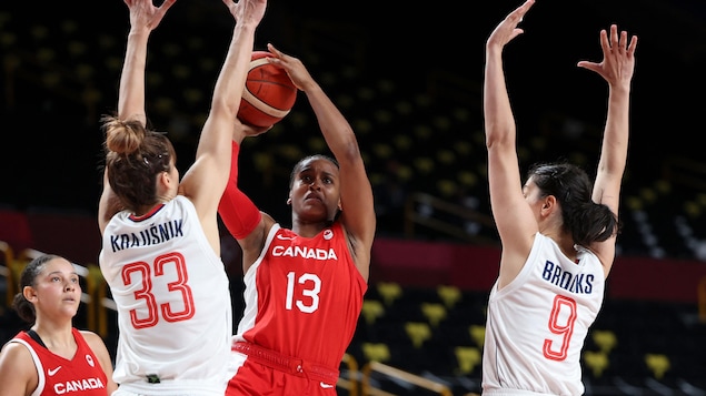 La Canadienne Shay Colley qui lance le ballon et les Serbes qui tentent de la bloquer.