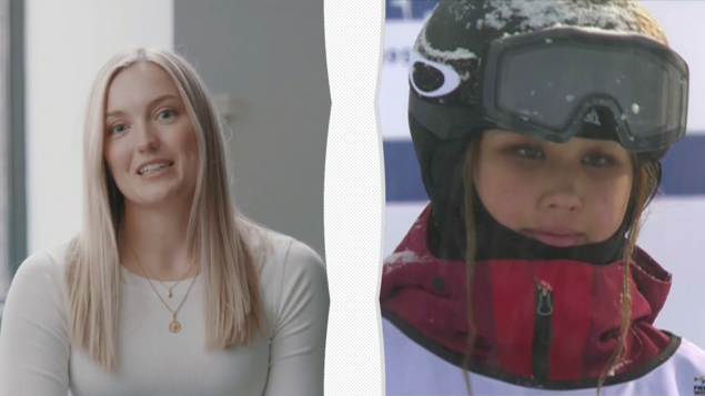 À gauche, visage de Justine Dufour-Lapointe qui parle lors d’une entrevue. À droite, visage d’Anri Kawamura qui regarde la piste avant une descente.
