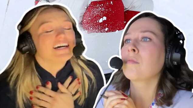 Laurie Dufresne et Justine Dufour-Lapointe, en montage photo devant Mikaël Kingsbury.