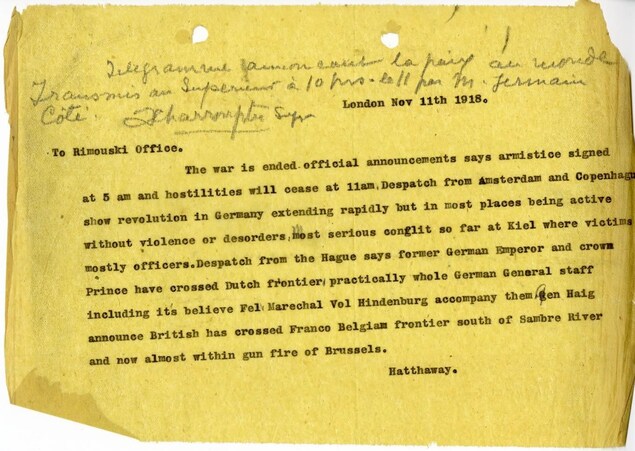 Télégramme du 11 novembre 1918 annonçant la fin de la Première Guerre mondiale. Télégramme du 11 novembre 1918 annonçant la fin de la Première Guerre mondiale.