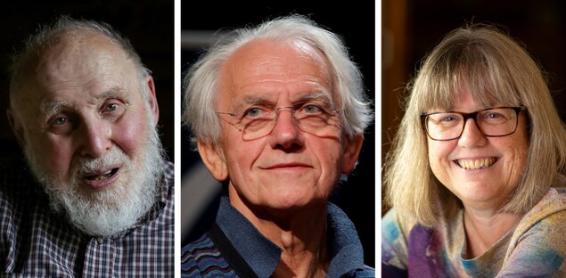 De gauche à droite, trois photos distinctes montrant Arthur Ashkin, Gérard Mourou et Donna Strickland, tous de face. De gauche à droite, trois photos distinctes montrant Arthur Ashkin, Gérard Mourou et Donna Strickland, tous de face.