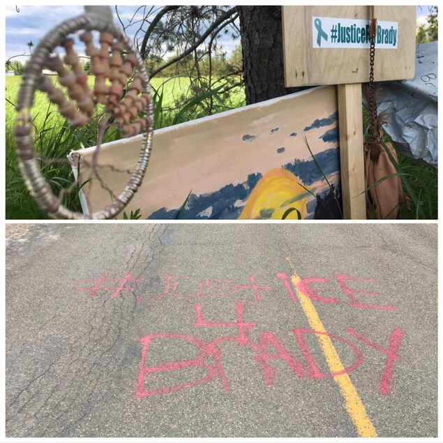 Un graffiti au sol demandant justice pour Brady et un autocollant demandant justice pour Brady. Un graffiti au sol demandant justice pour Brady et un autocollant demandant justice pour Brady.