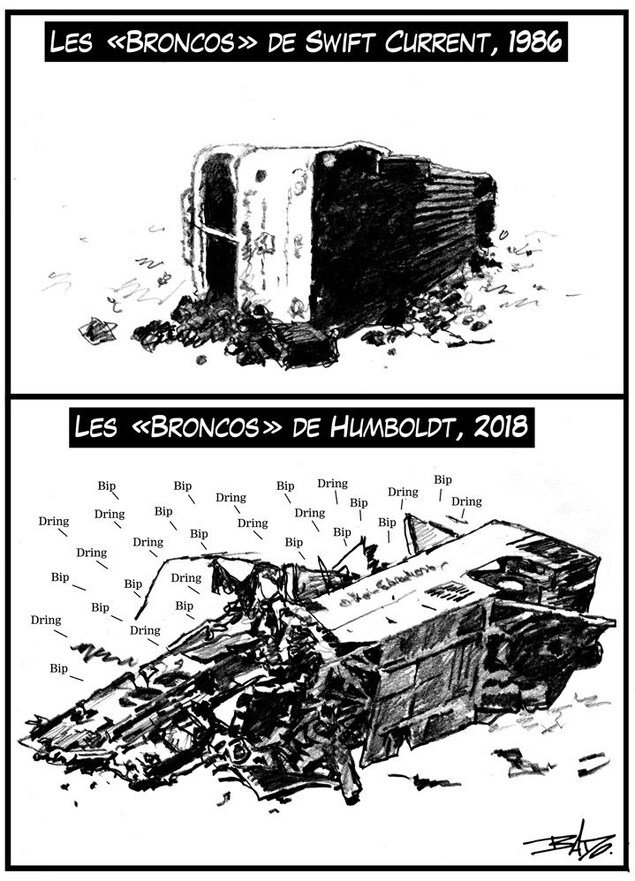 Caricature de Bado où on voit un autobus accidenté en noir et blanc avec des sonneries cellulaires. Caricature de Bado où on voit un autobus accidenté en noir et blanc avec des sonneries cellulaires.