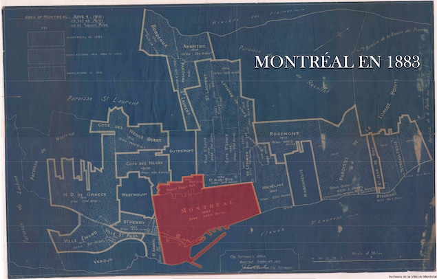 Carte montrant l'évolution du territoire de la Ville de Montréal entre les années 1883 et 1910. En rouge, le territoire de Montréal en 1883 (colorisation par Radio-Canada). Carte montrant l'évolution du territoire de la Ville de Montréal entre les années 1883 et 1910. En rouge, le territoire de Montréal en 1883 (colorisation par Radio-Canada).