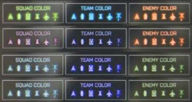 La même légende représentant les icônes de couleurs pour les membres de son groupe, de son équipe et de l'équipe ennemie reproduite quatre fois selon les différents modes pour daltoniens. La même légende représentant les icônes de couleurs pour les membres de son groupe, de son équipe et de l'équipe ennemie reproduite quatre fois selon les différents modes pour daltoniens.