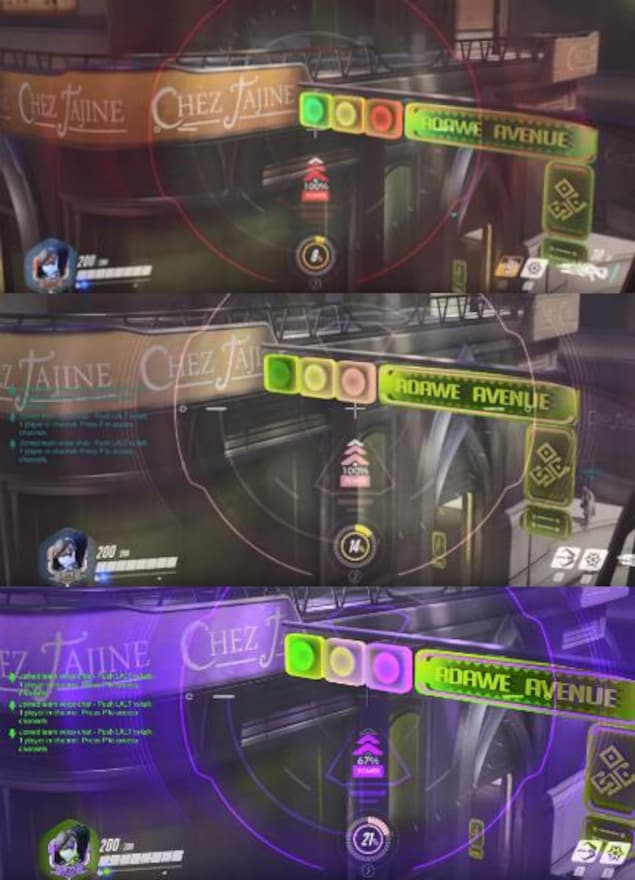 Trois captures d'écran du jeu vidéo Overwatch avec différents modes pour les joueurs daltoniens qui modifient les couleurs et le rendent plus vives. Trois captures d'écran du jeu vidéo Overwatch avec différents modes pour les joueurs daltoniens qui modifient les couleurs et le rendent plus vives.