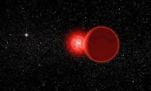 L’étoile de Scholz est un système stellaire binaire formé par une petite naine rouge autour de laquelle gravite une naine brune beaucoup moins brillante et encore plus petite.