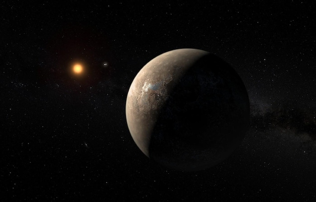 Représentation artistique de l'exoplanète Proxima b en orbite autour de Proxima du Centaure. Représentation artistique de l'exoplanète Proxima b en orbite autour de Proxima du Centaure.
