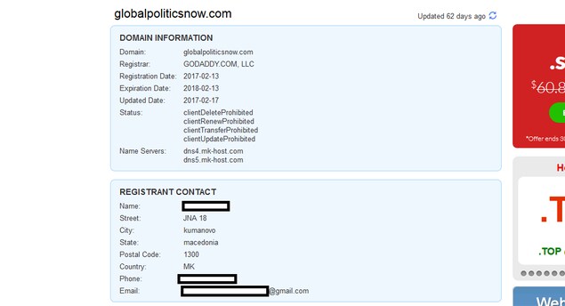 Capture d'écran d'une recherche « whois » pour le site globalpoliticsnow. On peut voir que le site en question a été enregistré par une personne vivant à Kumanovo, en Macédoine. Capture d'écran d'une recherche « whois » pour le site globalpoliticsnow. On peut voir que le site en question a été enregistré par une personne vivant à Kumanovo, en Macédoine.