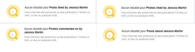 On voit quatre recherches qui n'ont obtenu aucun résultat pour Jessica Martin: les publications qu'elle a aimées, les photos qu'elle a aimées, les commentaires qu'elle a laissés sous des photos et les publications à son propos. On voit quatre recherches qui n'ont obtenu aucun résultat pour Jessica Martin: les publications qu'elle a aimées, les photos qu'elle a aimées, les commentaires qu'elle a laissés sous des photos et les publications à son propos.