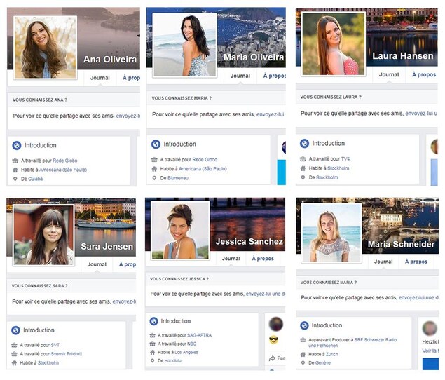On voit les profils de fausses journalistes, dont Ana Oliveira, Maria Oliveira, Laura Hansen, Sara Jensen, Jessica Sanchez et Maria Schneider, ainsi que les médias pour lesquels elles affirment travailler. On voit les profils de fausses journalistes, dont Ana Oliveira, Maria Oliveira, Laura Hansen, Sara Jensen, Jessica Sanchez et Maria Schneider, ainsi que les médias pour lesquels elles affirment travailler.
