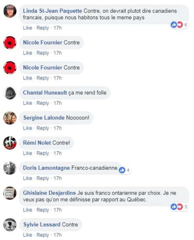 Huit internautes expriment leur opposition à l'expression « francophone hors Québec ». Huit internautes expriment leur opposition à l'expression « francophone hors Québec ».