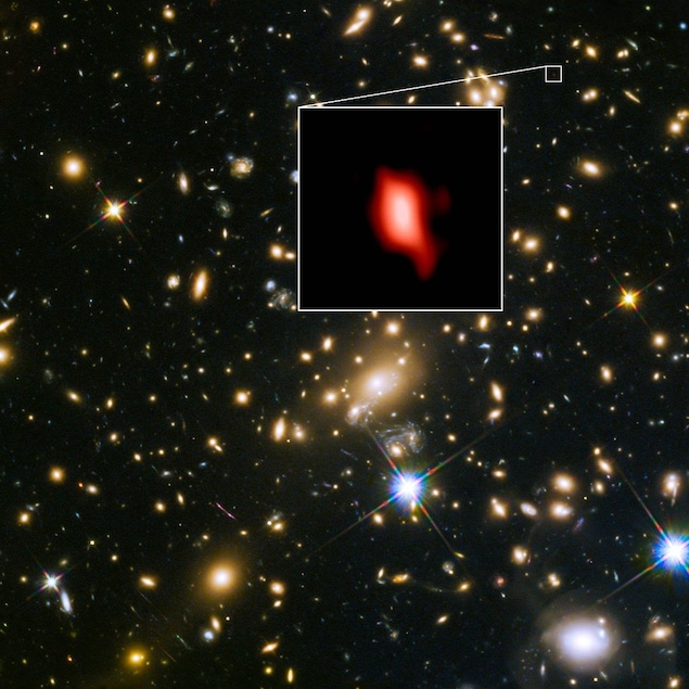Illustration de l'amas de galaxies MACS J1149.5+2223. Dans lequel apparaît la galaxie MACS1149-JD1.
