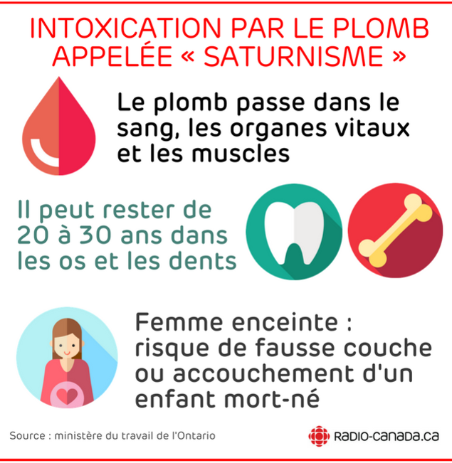 Le plomb passe dans le sang, les organes vitaux et les muscles. Il peut rester de 20 à 30 ans dans les os et les dents. Femme enceinte :
risque de fausse couche ou accouchement d'un enfant mort-né. Le plomb passe dans le sang, les organes vitaux et les muscles. Il peut rester de 20 à 30 ans dans les os et les dents. Femme enceinte :
risque de fausse couche ou accouchement d'un enfant mort-né.