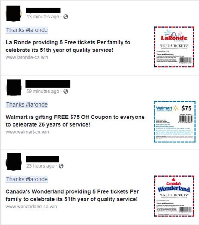 Nous voyons que trois personnes ont partagé le site avec le mot-clic « Thanks #LaRonde » (merci, La Ronde). Nous voyons que trois personnes ont partagé le site avec le mot-clic « Thanks #LaRonde » (merci, La Ronde).