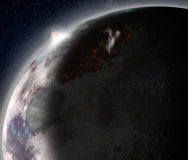 Représentation artistique de la Lune au début de son évolution. Représentation artistique de la Lune au début de son évolution.