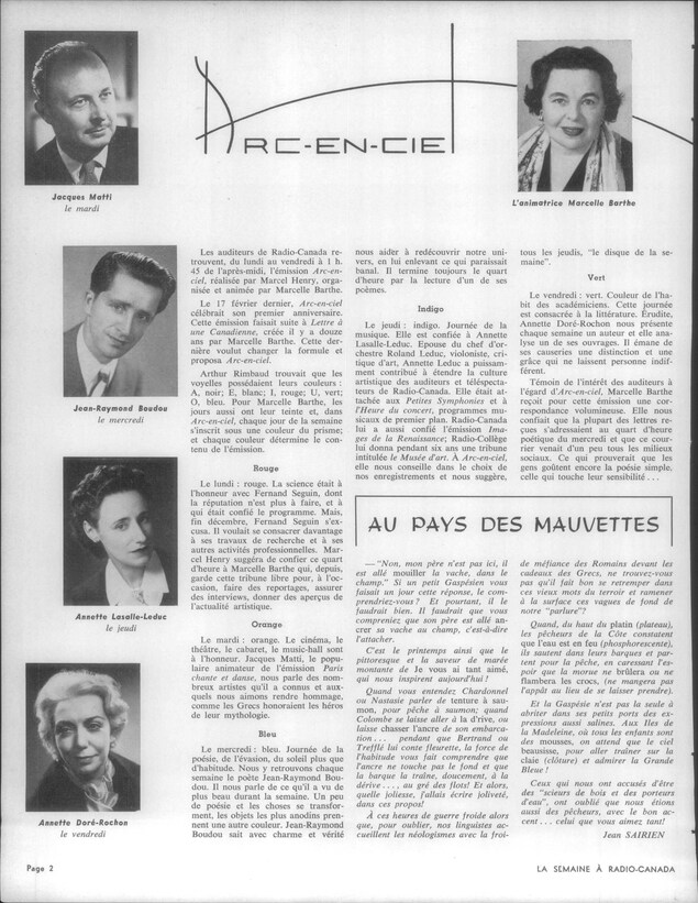 Article avec photos des chroniqueurs et de Marcelle Barthe, animatrice de l'émission Arc-en-ciel. Article avec photos des chroniqueurs et de Marcelle Barthe, animatrice de l'émission Arc-en-ciel.