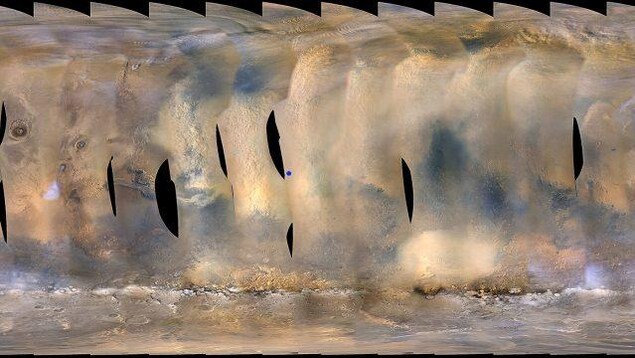 Une immense tempête obscurcit le ciel de la vallée de la Persévérance qu'arpente actuellement Opportunity sur la planète. Une immense tempête obscurcit le ciel de la vallée de la Persévérance qu'arpente actuellement Opportunity sur la planète.
