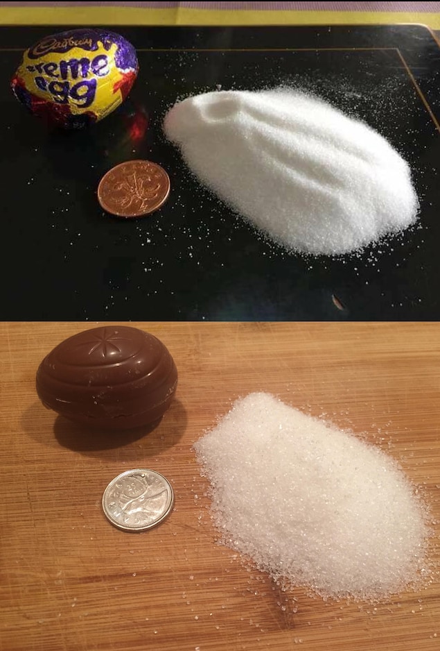 On voit que la quantité de sucre dans l'image originale est plus importante. La pile de sucre à côté de l'oeuf est plus épaisse. On voit que la quantité de sucre dans l'image originale est plus importante. La pile de sucre à côté de l'oeuf est plus épaisse.