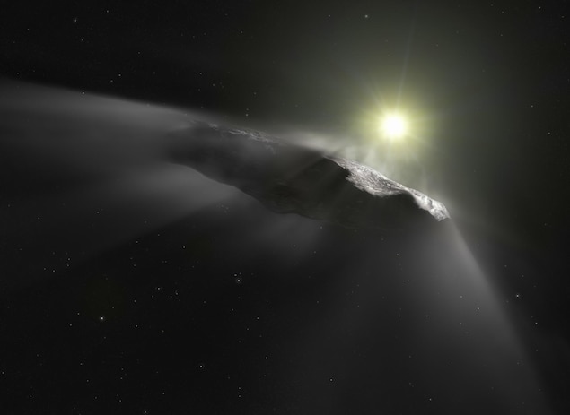 Représentation artistique de la comète Oumuamua. Représentation artistique de la comète Oumuamua.
