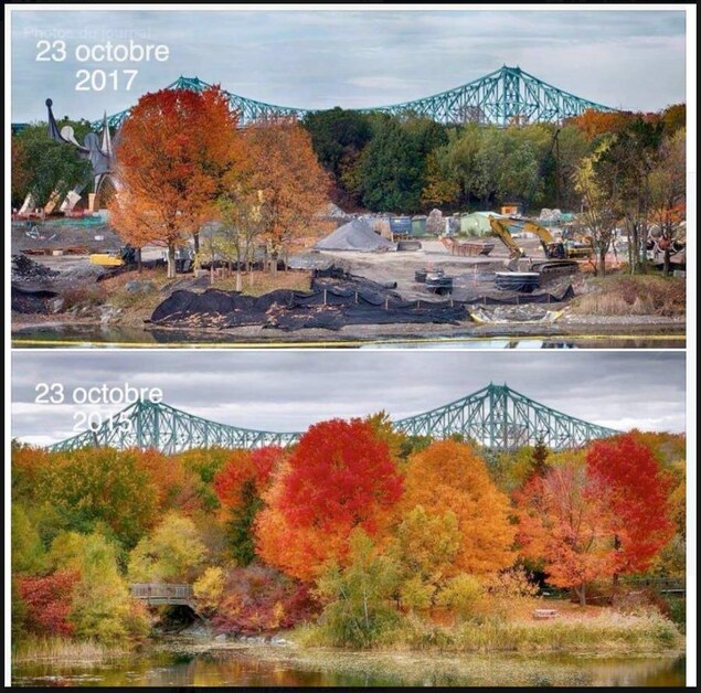 Dans la photo du haut, datée du 23 octobre 2017, on voit qu'il y a beaucoup moins d'arbres que dans la photo du bas, datée du 23 octobre 2015. De plus, il y a plusieurs machines de construction sur le site. Dans la photo du haut, datée du 23 octobre 2017, on voit qu'il y a beaucoup moins d'arbres que dans la photo du bas, datée du 23 octobre 2015. De plus, il y a plusieurs machines de construction sur le site.