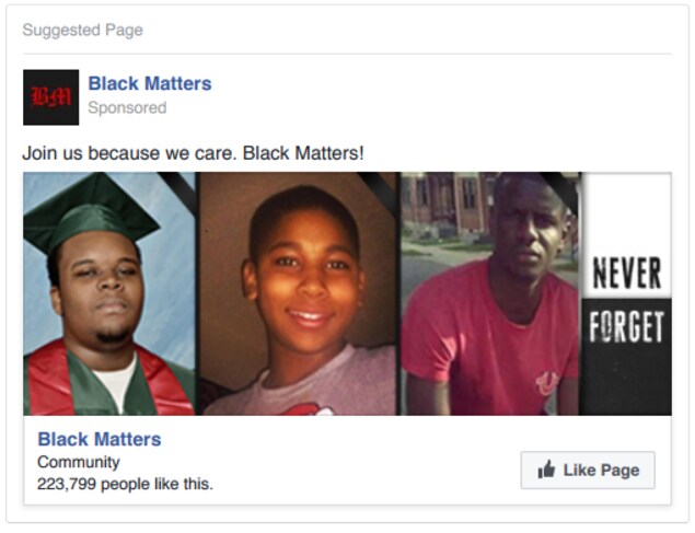 L'annonce invite les internautes à se joindre au mouvement Black Matters US (Les personnes noires sont importantes), un faux mouvement créé par la Russie qui ressemble beaucoup à Black Lives Matter. L'annonce invite les internautes à se joindre au mouvement Black Matters US (Les personnes noires sont importantes), un faux mouvement créé par la Russie qui ressemble beaucoup à Black Lives Matter.