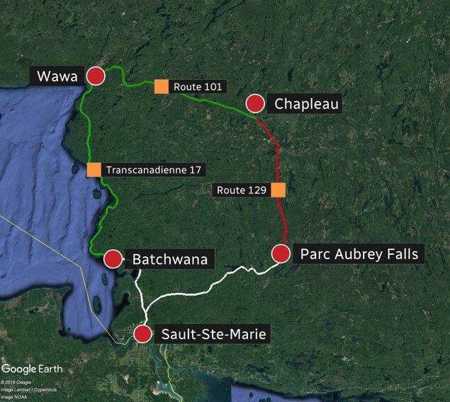 Carte de Google qui montre la route 129 fermée entre Parc Aubrey Falls et Chapleau. Carte de Google qui montre la route 129 fermée entre Parc Aubrey Falls et Chapleau.