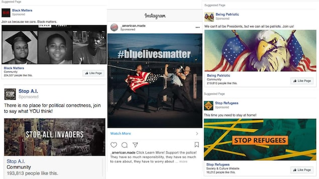 Nous voyons cinq pages Facebook : Black Matters, Stop A. I. (arrêtez tous les envahisseurs), American Made (fabriqué aux États-Unis), Being Patriotic (Être patriote) et Stop Refugees (arrêtez les réfugiés). Nous voyons cinq pages Facebook : Black Matters, Stop A. I. (arrêtez tous les envahisseurs), American Made (fabriqué aux États-Unis), Being Patriotic (Être patriote) et Stop Refugees (arrêtez les réfugiés).