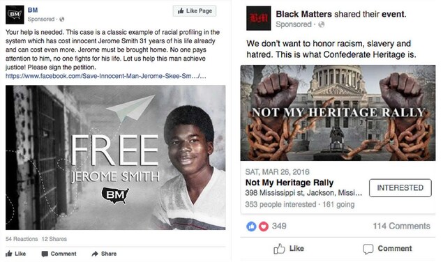 Dans la publicité de gauche, nous voyons la photo d'un jeune homme noir avec la mention « libérez Jeroms Smith ». À droite, nous voyons une photo du Capitole du Mississippi avec les poignets d'une personne noire enchaînée. Dans la publicité de gauche, nous voyons la photo d'un jeune homme noir avec la mention « libérez Jeroms Smith ». À droite, nous voyons une photo du Capitole du Mississippi avec les poignets d'une personne noire enchaînée.