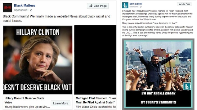 Dans la publicité de gauche, nous voyons une photo d'Hillary Clinton avec un texte décourageant les Noirs de voter pour elle. Dans celle de droite, on voit une photo de l'ancien président américain destitué, Richard Nixon. On tente de faire un parallèle entre lui et Mme Clinton. Dans la publicité de gauche, nous voyons une photo d'Hillary Clinton avec un texte décourageant les Noirs de voter pour elle. Dans celle de droite, on voit une photo de l'ancien président américain destitué, Richard Nixon. On tente de faire un parallèle entre lui et Mme Clinton.