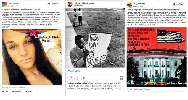 Dans les trois publicités, on voit un texte explicatif, ainsi qu'une photo. Dans celle de gauche, on voit la photo d'une jeune femme transgenre. Dans celle du centre, on voit une photo historique d'un jeune homme noir pendant une manifestation. À droite, on voit une photo de la Maison-Blanche sous un ciel rouge sang. Dans les trois publicités, on voit un texte explicatif, ainsi qu'une photo. Dans celle de gauche, on voit la photo d'une jeune femme transgenre. Dans celle du centre, on voit une photo historique d'un jeune homme noir pendant une manifestation. À droite, on voit une photo de la Maison-Blanche sous un ciel rouge sang.