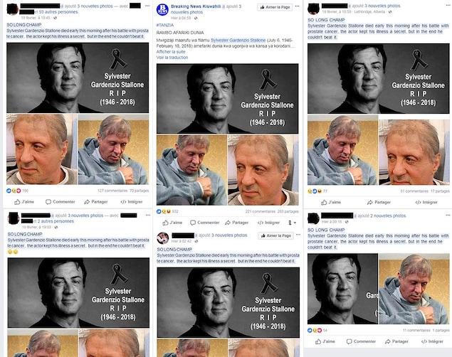 On voit six différentes publications Facebook contenant le même texte et les mêmes images. On voit six différentes publications Facebook contenant le même texte et les mêmes images.