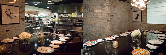 Deux photos. À gauche, une table avec vue sur la cuisine. À droite, une photo des murs. Deux photos. À gauche, une table avec vue sur la cuisine. À droite, une photo des murs.