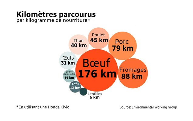 Un tableau démontrant l'équivalent des kilomètres parcourus par kilogramme de nourriture. Un tableau démontrant l'équivalent des kilomètres parcourus par kilogramme de nourriture.