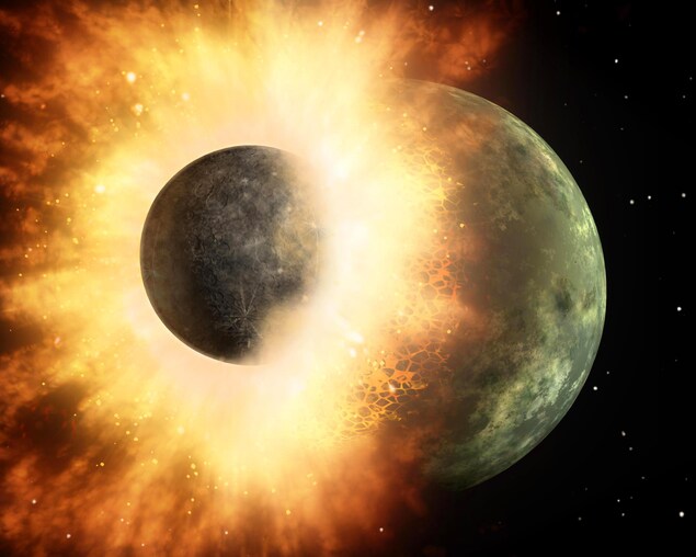Représentation artistique de la collision entre deux protoplanètes qui a mené à la création du système Terre-Lune. Représentation artistique de la collision entre deux protoplanètes qui a mené à la création du système Terre-Lune.